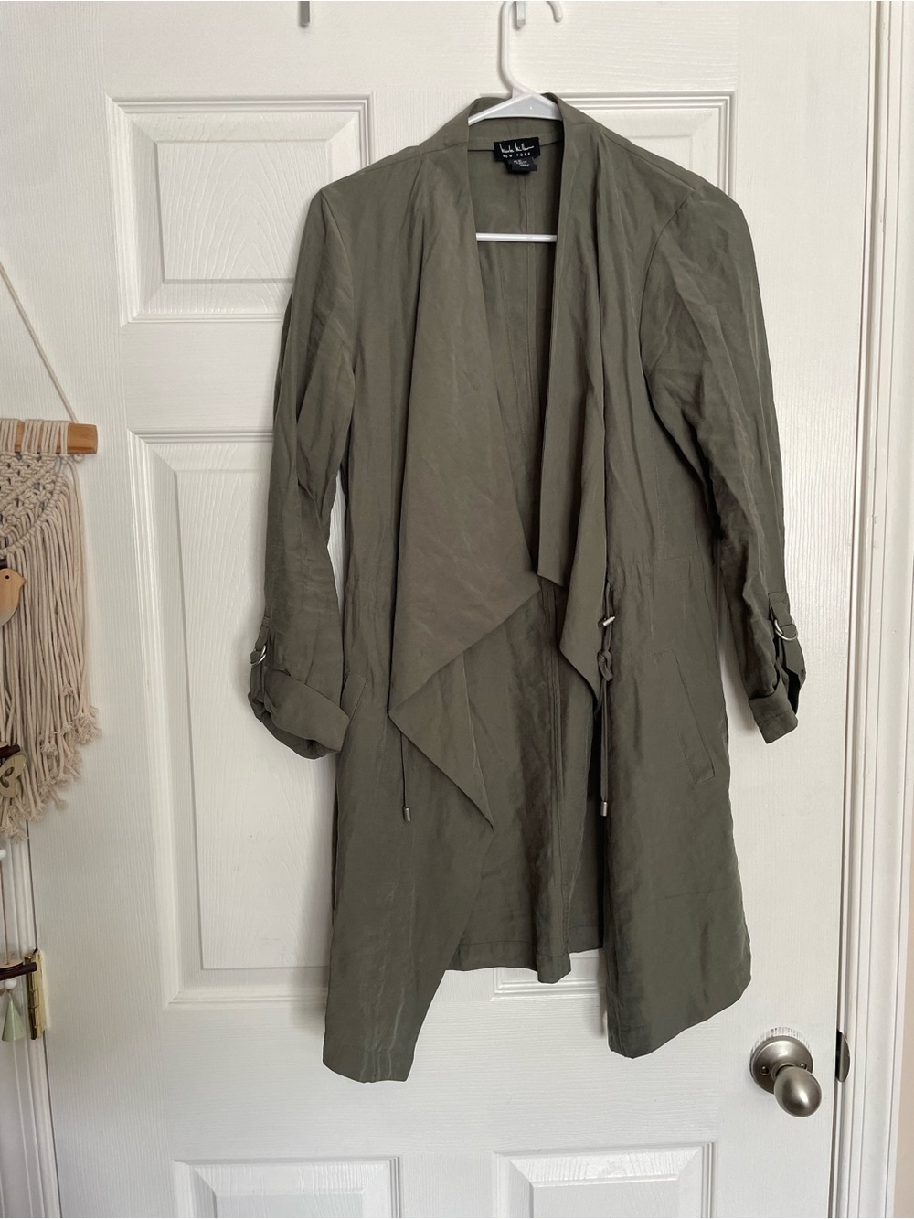 Nicole Miller Women’s XS Olive Green Open-Front Drape Trench Coat